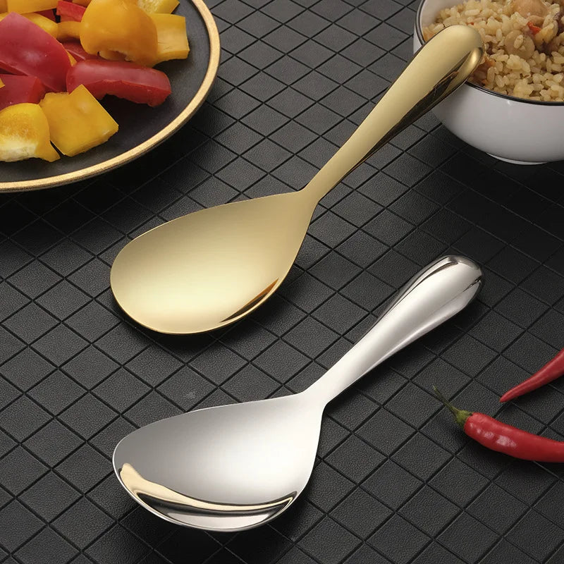 304 Stainless Steel Rice Spoon Thicken Short Handle Large Capacity Soup Spoon Silver Golden Buffet Serving Cutlery Cooking Tools - 369 view