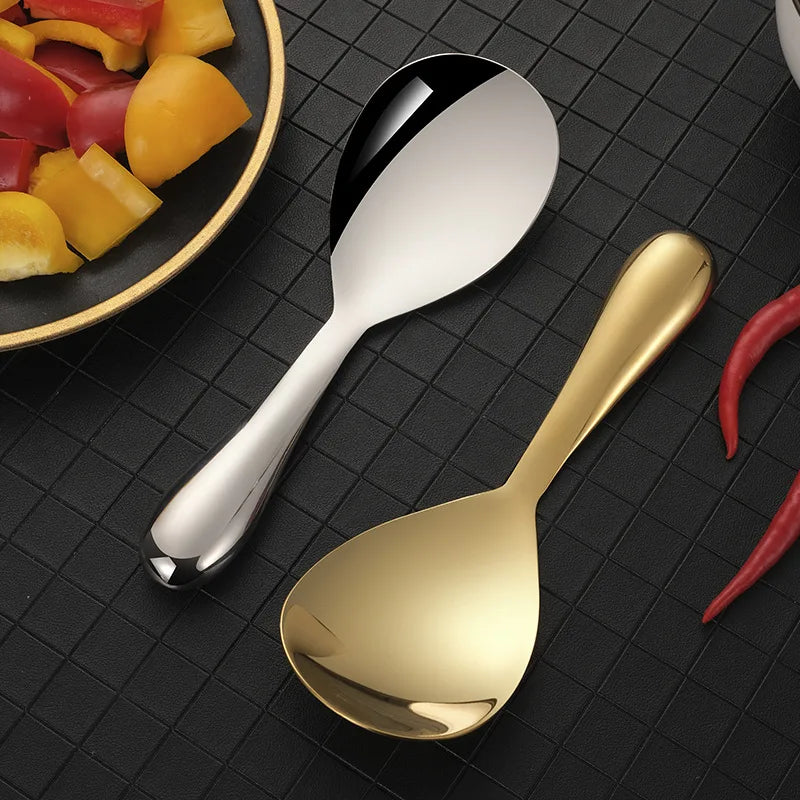 304 Stainless Steel Rice Spoon Thicken Short Handle Large Capacity Soup Spoon Silver Golden Buffet Serving Cutlery Cooking Tools - 369 view