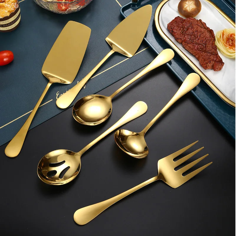 Stainless Steel Gold Korean Serving Spoon Tableware Soup Ladle Colander Fork Shovel Restaurant Public Cutlery Kitchen Utensil - 369 view