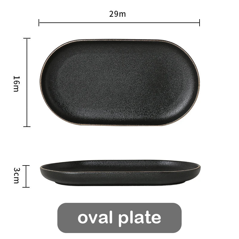 Juego de Platos Negros Mate con Borde Dorado – Elegancia para Mesa y Cocina