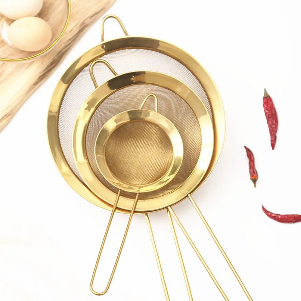 Stainless Steel Fine Mesh Oil Strainer Golden Flour Sifter Sieve Colanders Flour Coffee Mesh Filter Baking Tools Kitchen Bakware - 369 view