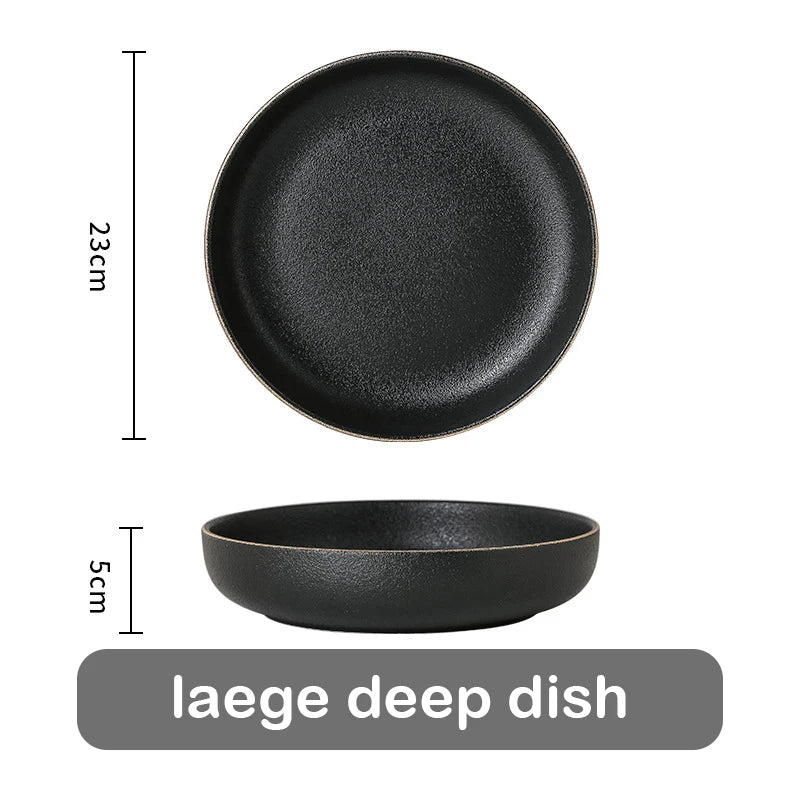 Juego de Platos Negros Mate con Borde Dorado – Elegancia para Mesa y Cocina
