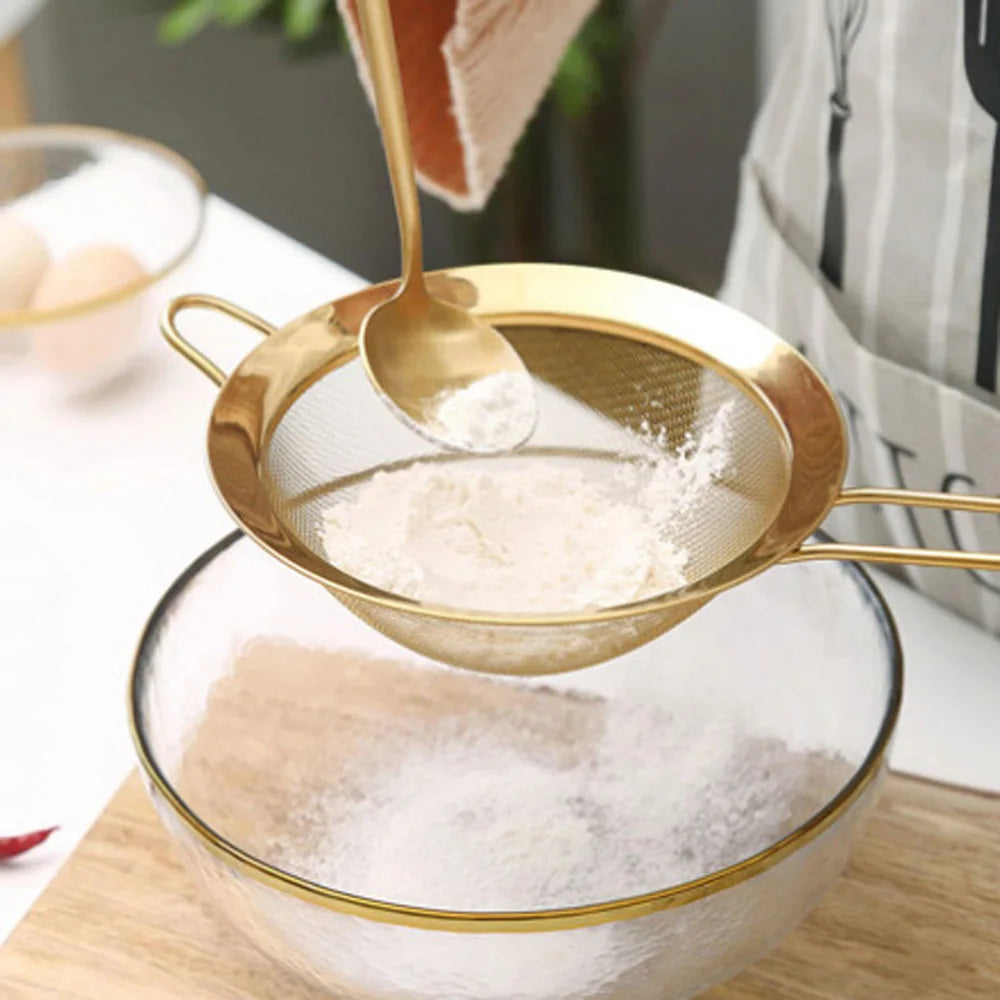 Stainless Steel Fine Mesh Oil Strainer Golden Flour Sifter Sieve Colanders Flour Coffee Mesh Filter Baking Tools Kitchen Bakware - 369 view
