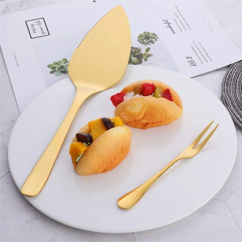 5-piece Stainless Steel Cake Shovel Knife Dessert Fork Set Pie Pizza Cheese Divider Knives Fruit Two Tooth Fork Baking Tools - 369 view
