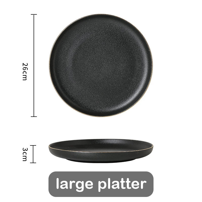 Juego de Platos Negros Mate con Borde Dorado – Elegancia para Mesa y Cocina
