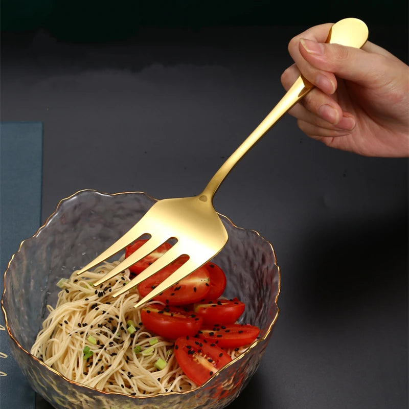 Stainless Steel Gold Korean Serving Spoon Tableware Soup Ladle Colander Fork Shovel Restaurant Public Cutlery Kitchen Utensil - 369 view