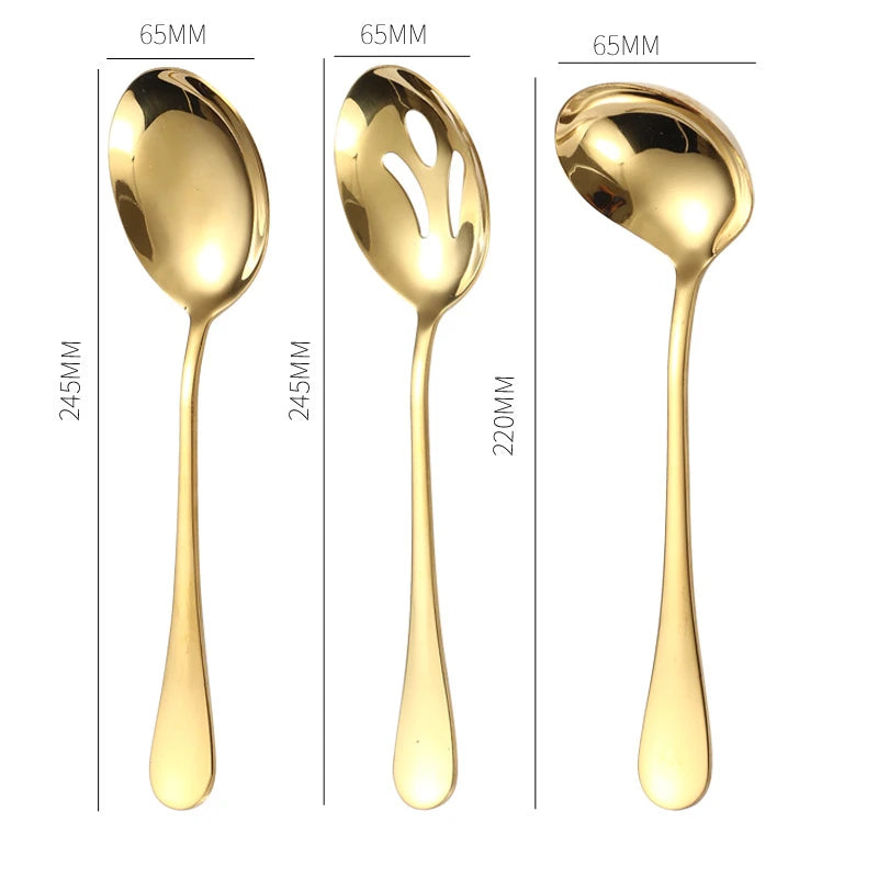 Stainless Steel Gold Korean Serving Spoon Tableware Soup Ladle Colander Fork Shovel Restaurant Public Cutlery Kitchen Utensil - 369 view