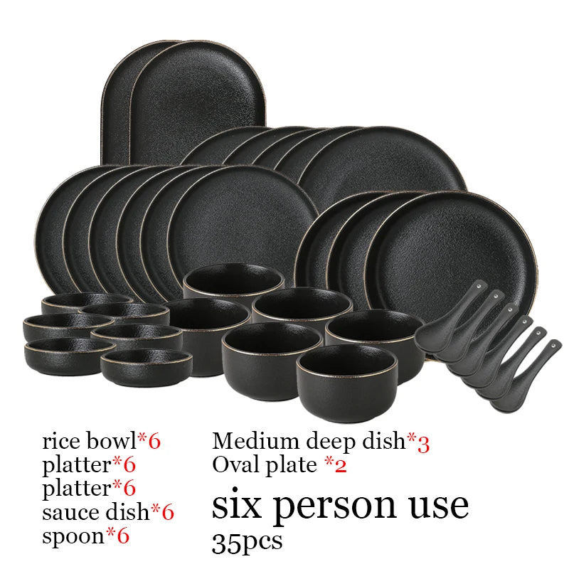 Juego de Platos Negros Mate con Borde Dorado – Elegancia para Mesa y Cocina