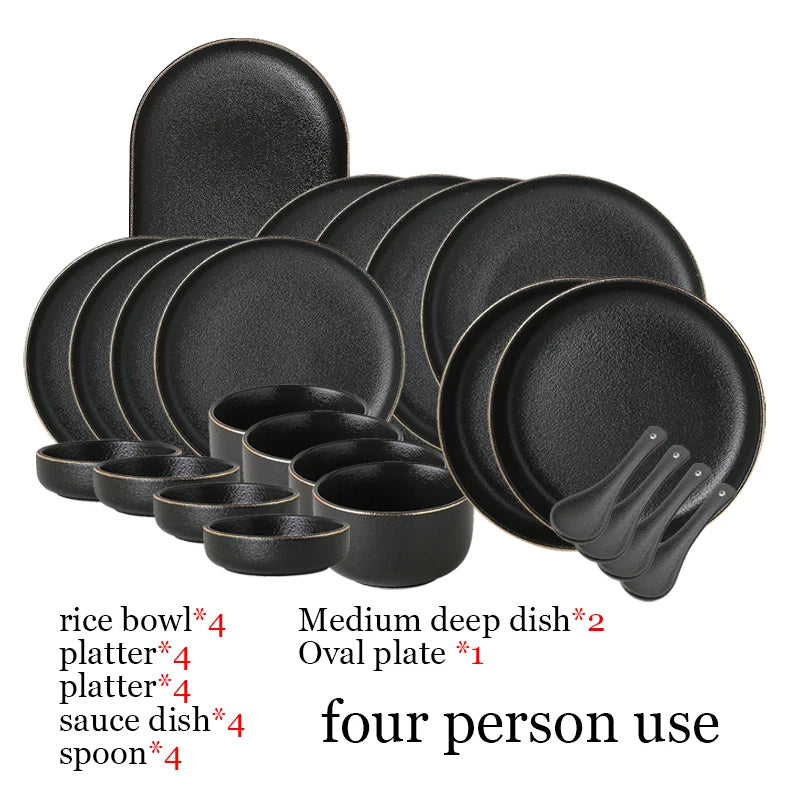 Juego de Platos Negros Mate con Borde Dorado – Elegancia para Mesa y Cocina