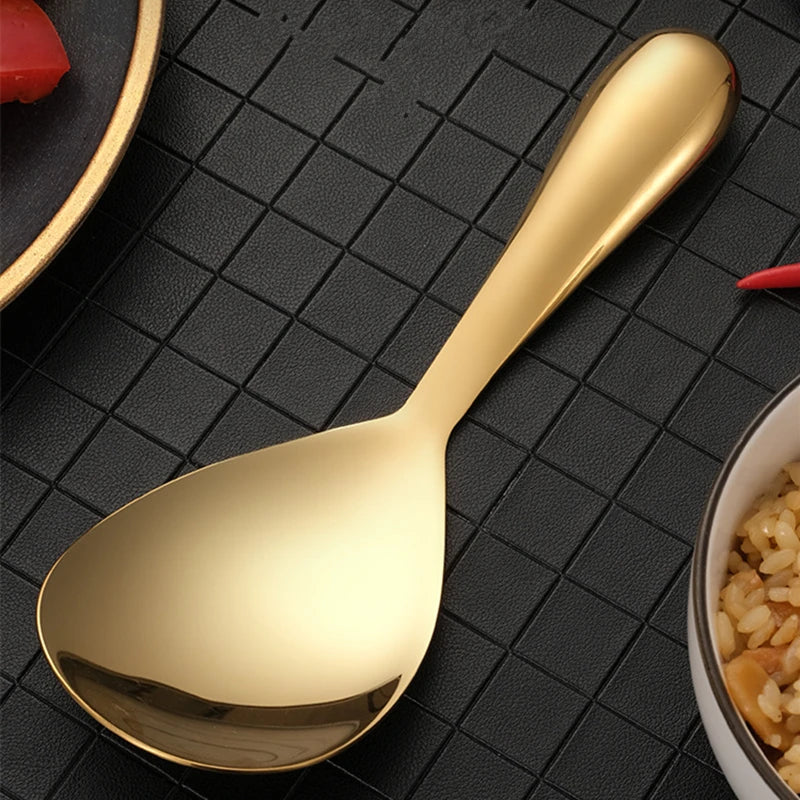 304 Stainless Steel Rice Spoon Thicken Short Handle Large Capacity Soup Spoon Silver Golden Buffet Serving Cutlery Cooking Tools - 369 view