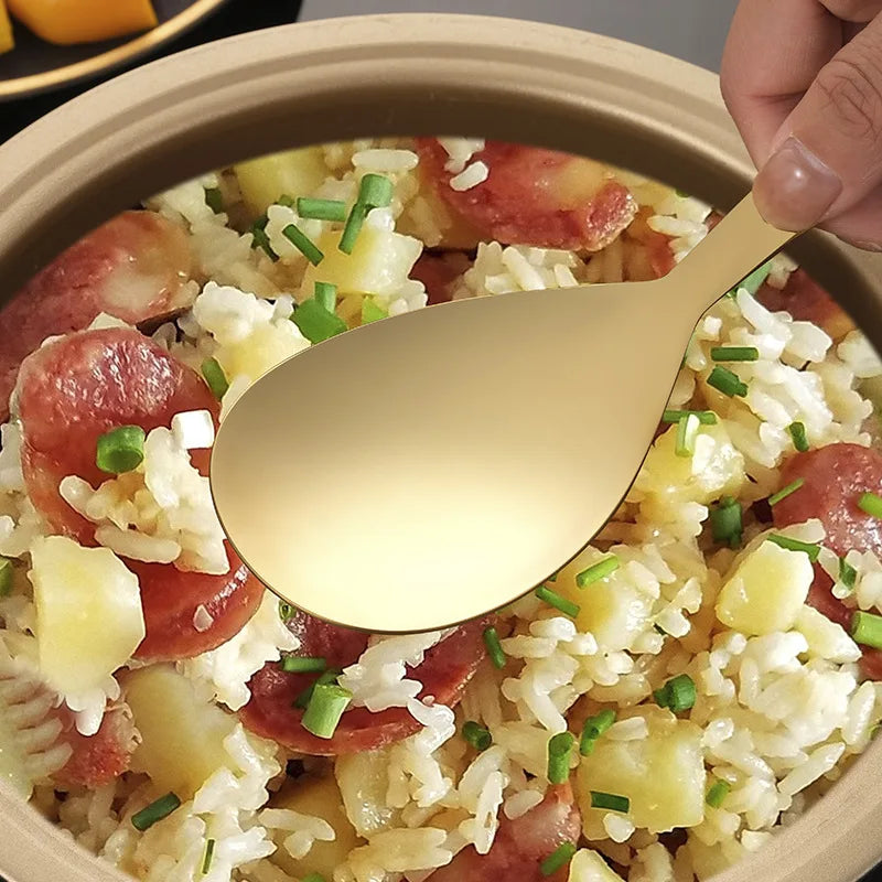 304 Stainless Steel Rice Spoon Thicken Short Handle Large Capacity Soup Spoon Silver Golden Buffet Serving Cutlery Cooking Tools - 369 view