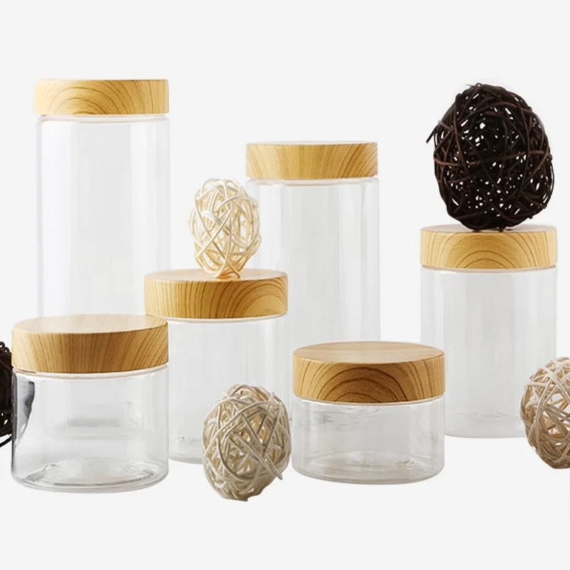 100ml 200ml 300ml 500ml Empty Clear Pet Jars Containers With Imitation Wood Texture Lids Jar Home Plastic Seasoning Bottle - 369 view