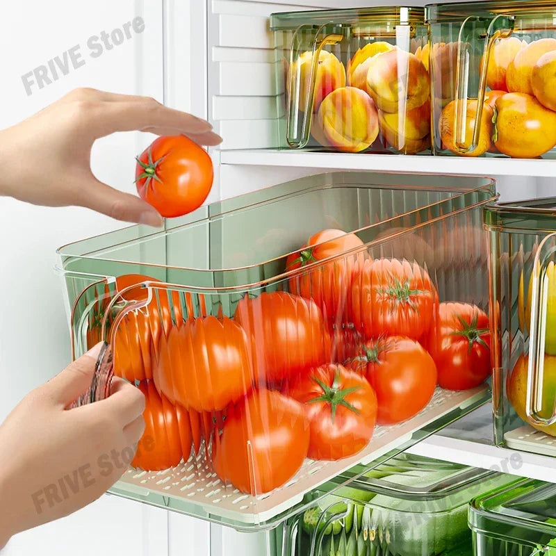 Caja de Almacenamiento para Refrigerador con Asa y Tapa – Apilable y Transparente