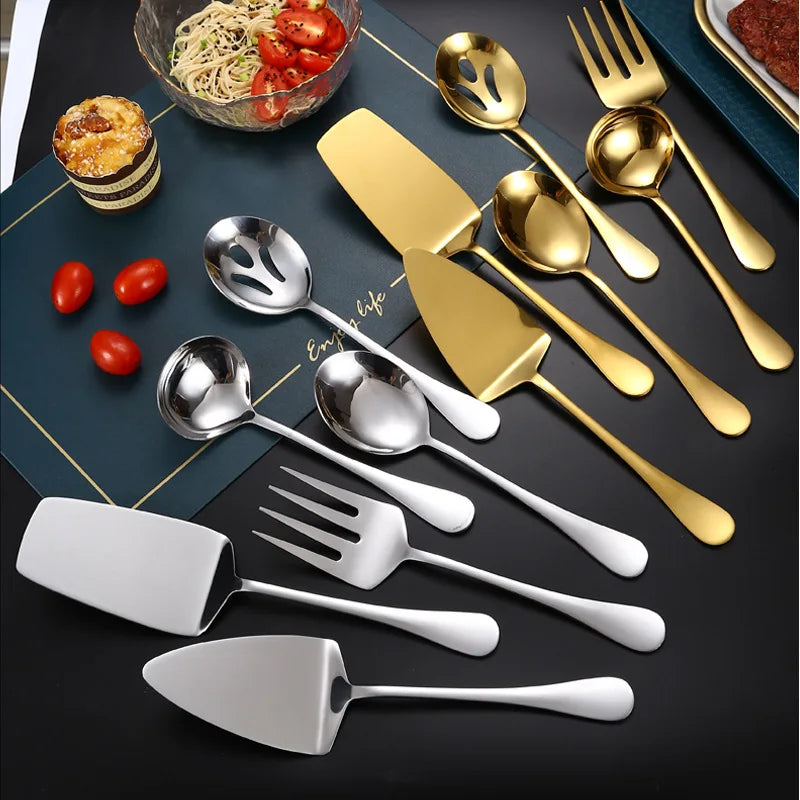 Stainless Steel Gold Korean Serving Spoon Tableware Soup Ladle Colander Fork Shovel Restaurant Public Cutlery Kitchen Utensil - 369 view