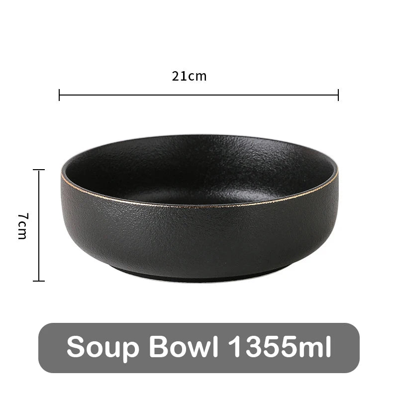 Juego de Platos Negros Mate con Borde Dorado – Elegancia para Mesa y Cocina