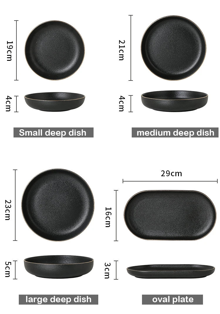 Juego de Platos Negros Mate con Borde Dorado – Elegancia para Mesa y Cocina