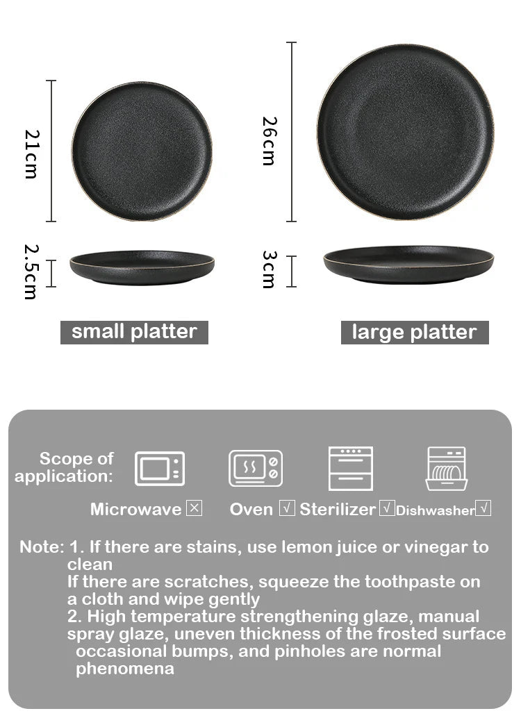 Juego de Platos Negros Mate con Borde Dorado – Elegancia para Mesa y Cocina
