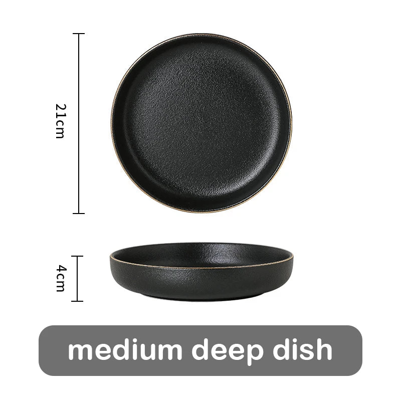 Juego de Platos Negros Mate con Borde Dorado – Elegancia para Mesa y Cocina