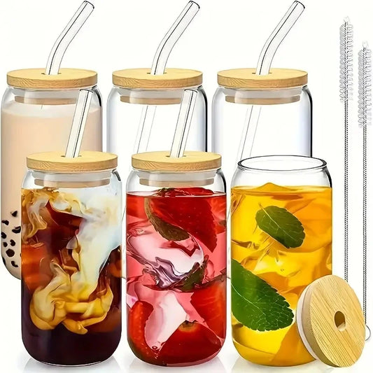 4/6 pieces, glass cup, 17.8 oz/550 ml glass with lid and straw, Mason jar water cup, iced coffee cup, glass cup with bamboo lid, - 369 view