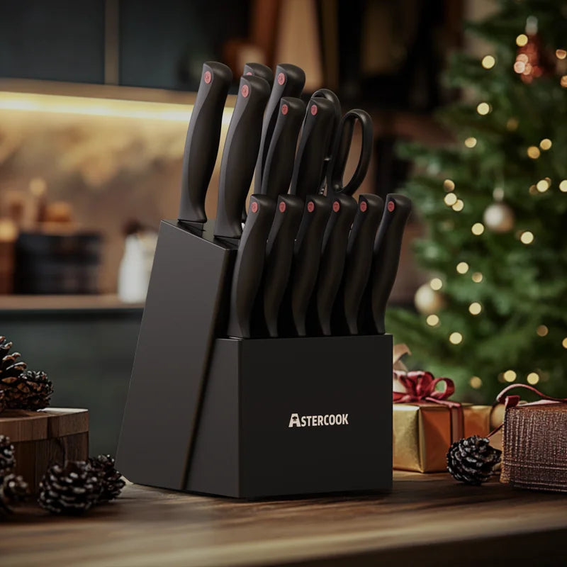 15PCS/ Astercook Knife Set with Sharpener Block - German Stainless Steel, Dishwasher Safe Kitchen Knife with Built-in Sharpener