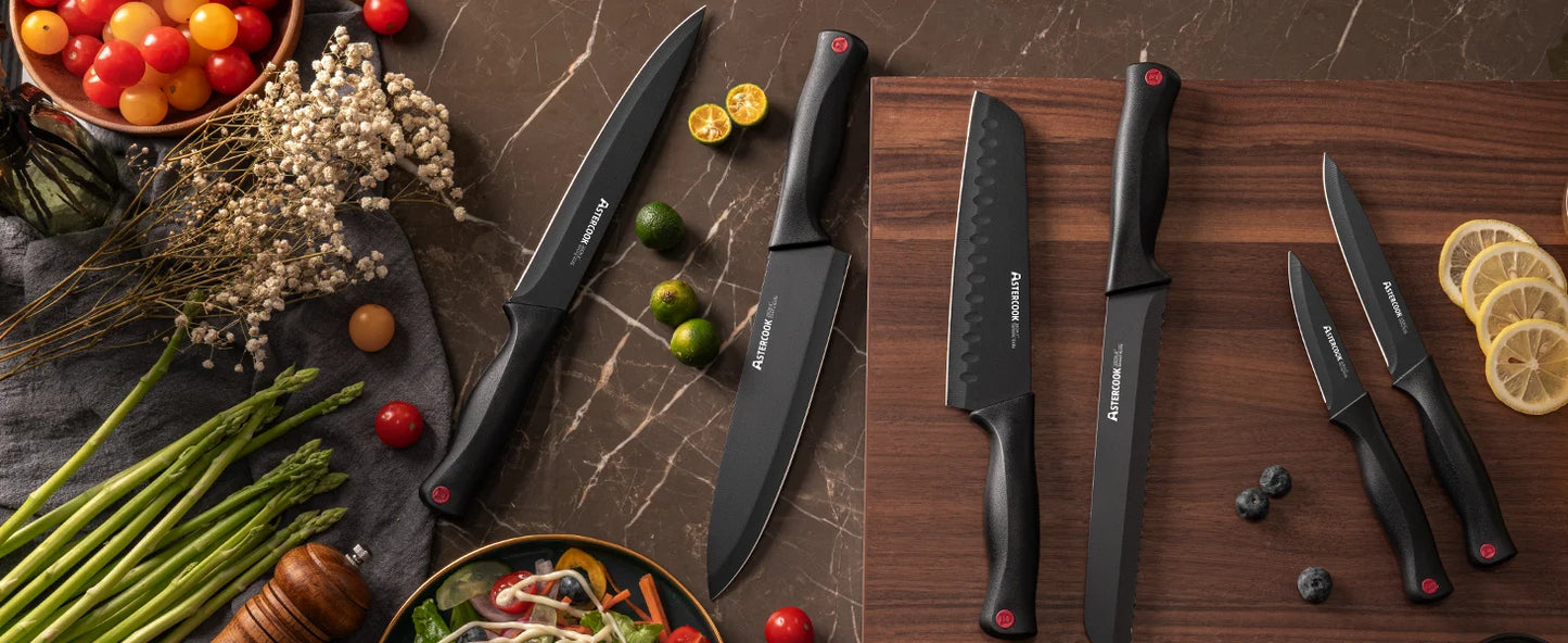 15PCS/ Astercook Knife Set with Sharpener Block - German Stainless Steel, Dishwasher Safe Kitchen Knife with Built-in Sharpener