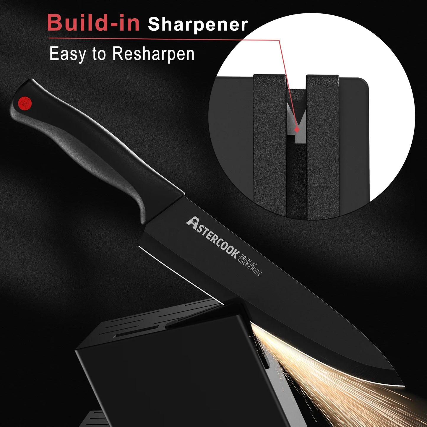 15PCS/ Astercook Knife Set with Sharpener Block - German Stainless Steel, Dishwasher Safe Kitchen Knife with Built-in Sharpener
