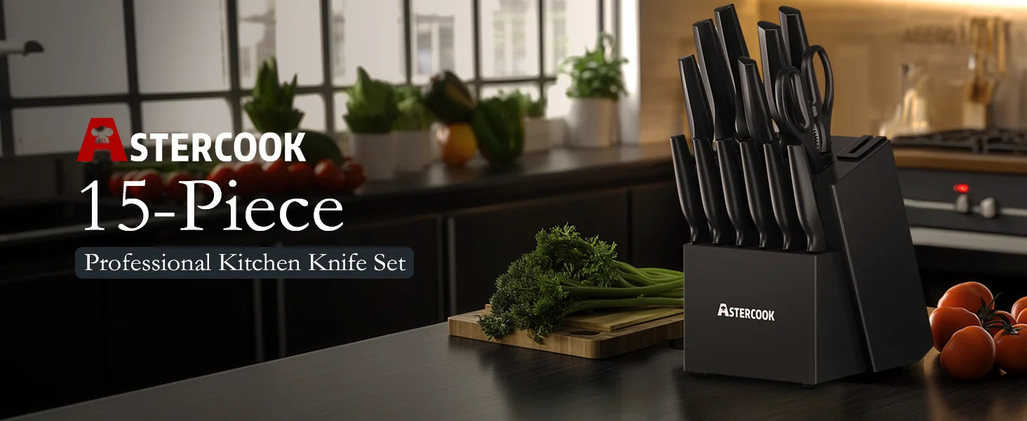 Astercook Kitchen Knife Set with Built-in Sharpener Block, Dishwasher Safe, 15 Pieces German Stainless Steel Knife Block Set - 369 view