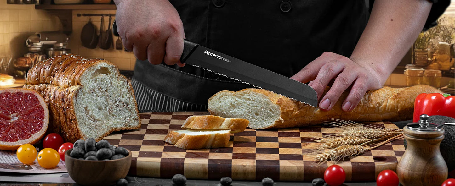 15PCS/ Astercook Knife Set with Sharpener Block - German Stainless Steel, Dishwasher Safe Kitchen Knife with Built-in Sharpener