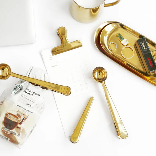 Golden Coffee Tea Measuring Scoop Spoon with Bag Clip Binder Clip Food File Fruit Vegetable Scoops Kitchen Tools - 369 view