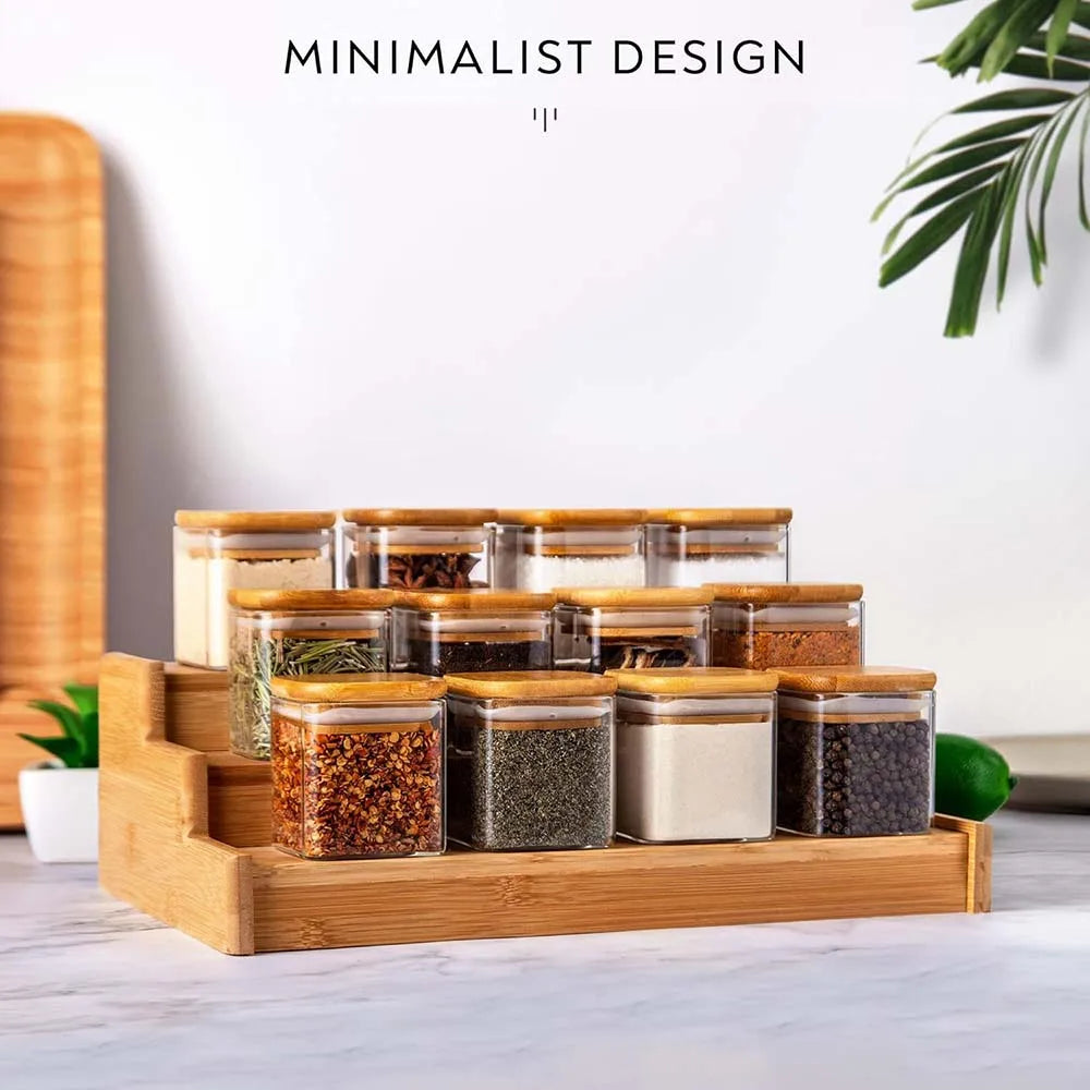 Set de Tarros de Vidrio de 5oz con Etiquetas – Tapas de Bambú y Diseño Cuadrado