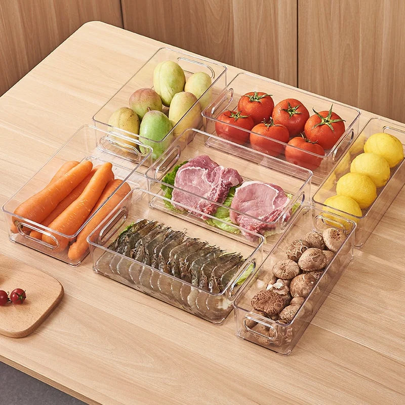 New Kitchen Refrigerator Organizer Bin Clear Pantry Organizer Plastic Food Storage Fridge Storage Box with Divider Freezer