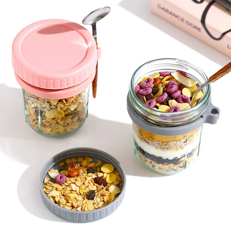 Tarro de Vidrio Portátil para Avena Nocturna y Desayunos – Contenedor Multiusos