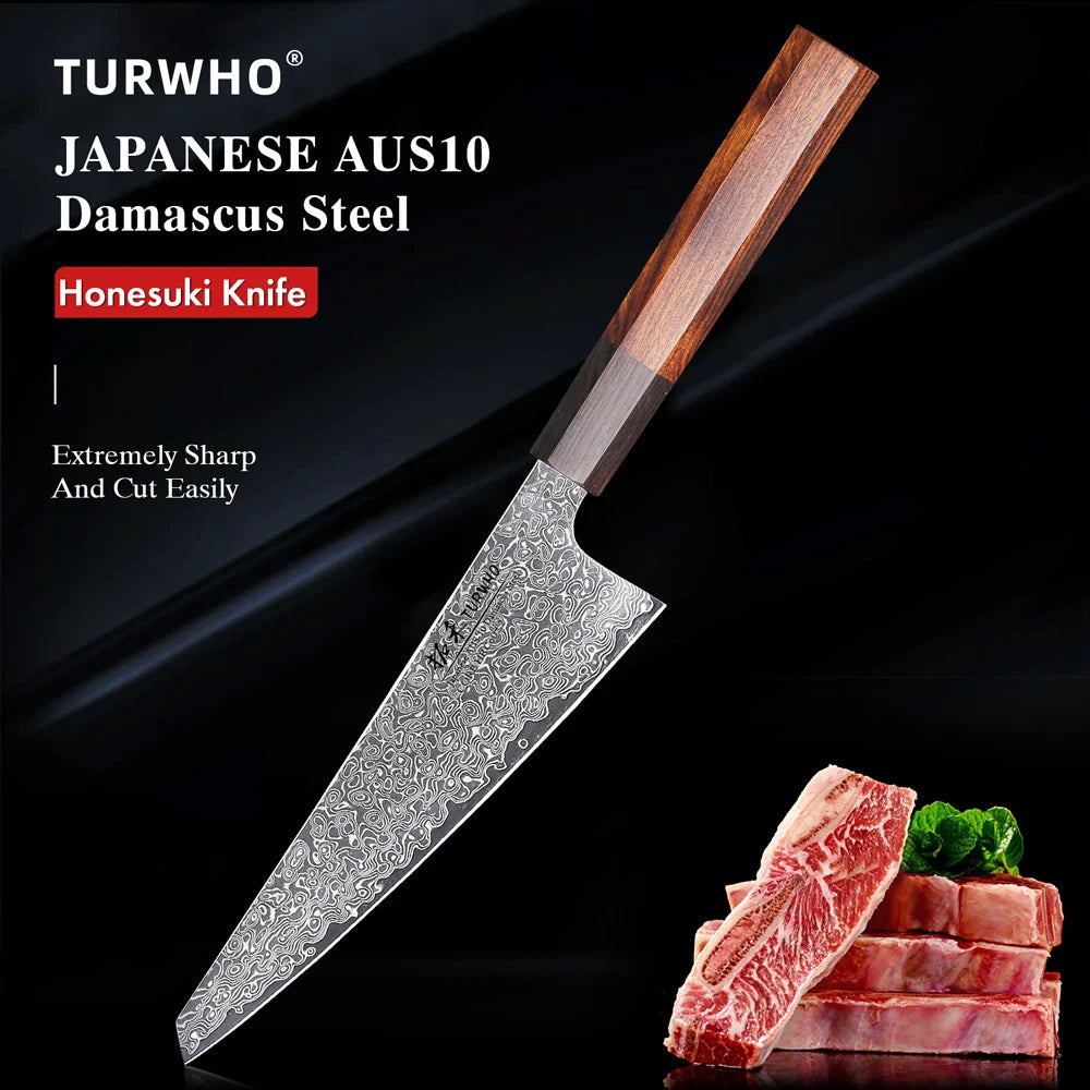 TURWHO 6" Japanese Hand Forged Honesuki Chef Knife Damascus Steel Professional Kitchen Knives Sharp Utility Boning Cooking Tools