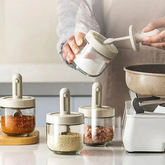1pc Glass Seasoning Bottle With Telescopic Spoon Household Kitchen Salt Storage Box Leak Proof and Moisture-proof - 369 view