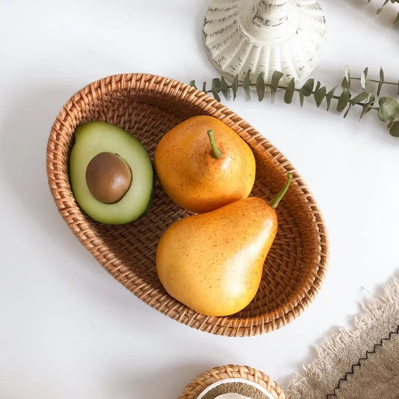 Cesta de mimbre redonda tejida a mano, fruta, merienda de té, pan, bandeja de Picnic, caja de almacenamiento de aperitivos, cesta de suministros de cocina, bandeja de fruta