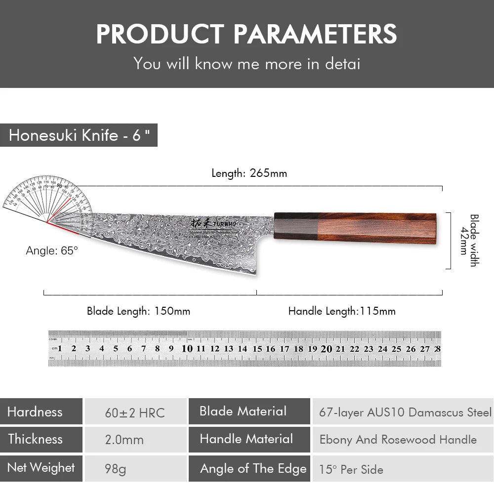TURWHO 6" Japanese Hand Forged Honesuki Chef Knife Damascus Steel Professional Kitchen Knives Sharp Utility Boning Cooking Tools