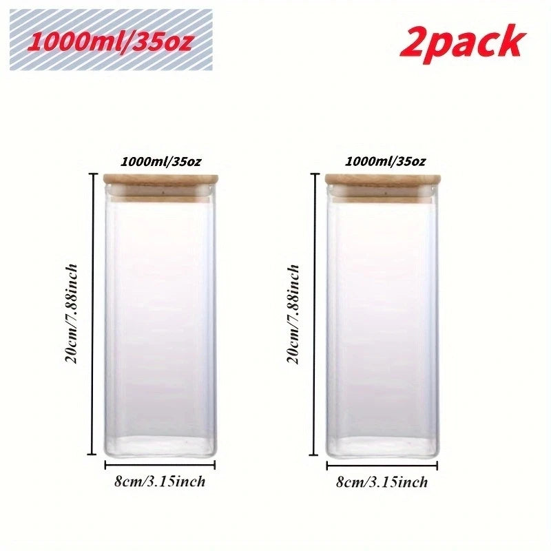 2/4 Pieces, 540Ml/1000Ml Glass Food Storage Jar with Bamboo Lid, Transparent Square Sealed Kitchen Storage Container Set, Stackable Glass Food Storage Jar for Kitchen Counters, Candies, Biscuits, Rice, Cereals