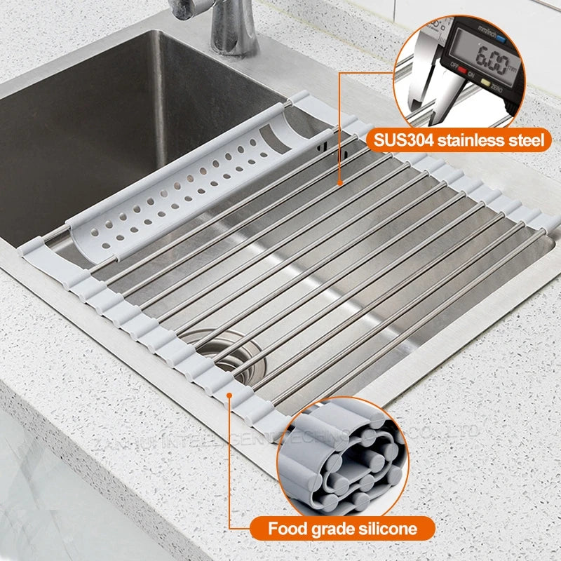 Foldable Stainless Steel Dish Drainer Roll Up Dish Drying Rack Shelf Kitchen Sink Holder Organizer Bowl Tableware Plate Storage