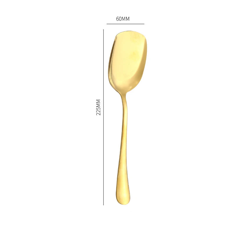 Golden Stainless Steel Food Service Spoon Large Rice Shovel Tableware Long Handle Square Spatula Kitchen Gadgets for Home - 369 view