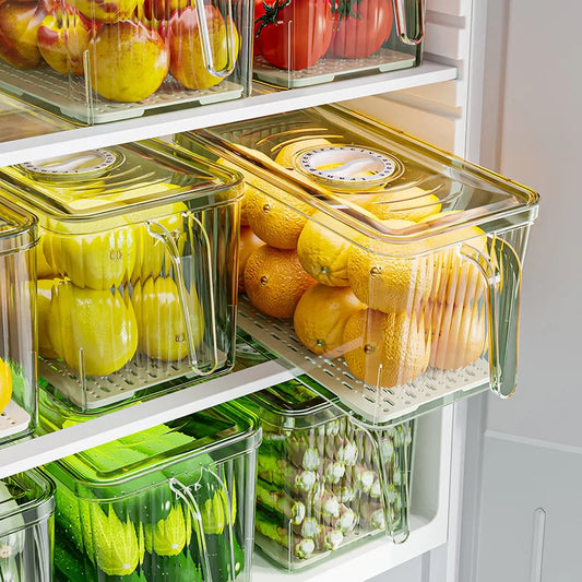 Caja de Almacenamiento para Refrigerador con Asa y Tapa – Apilable y Transparente