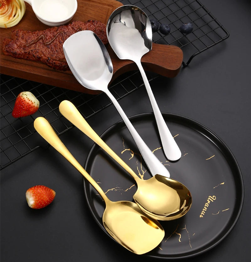 Golden Stainless Steel Food Service Spoon Large Rice Shovel Tableware Long Handle Square Spatula Kitchen Gadgets for Home - 369 view