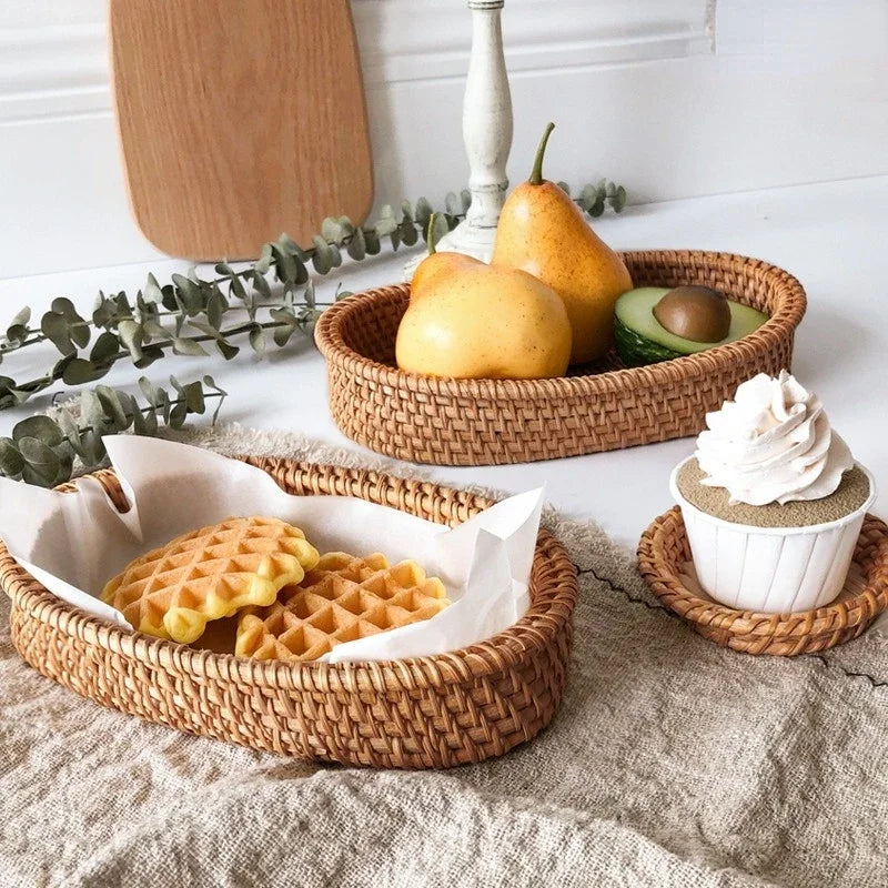 Cesta de mimbre redonda tejida a mano, fruta, merienda de té, pan, bandeja de Picnic, caja de almacenamiento de aperitivos, cesta de suministros de cocina, bandeja de fruta