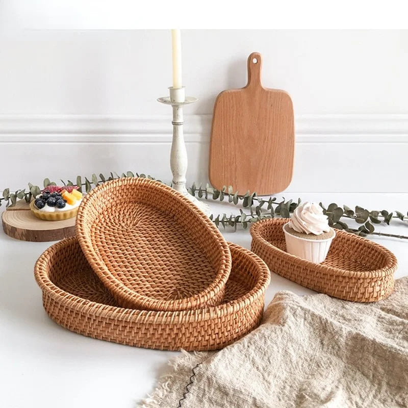 Cesta de mimbre redonda tejida a mano, fruta, merienda de té, pan, bandeja de Picnic, caja de almacenamiento de aperitivos, cesta de suministros de cocina, bandeja de fruta