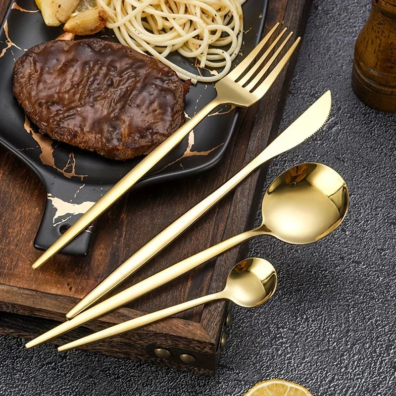 24Pcs Stainless Steel Golden Cutlery, Silverware Set Mirror Flatware Western Cutlery Set Dinning Kitchen Dinning Tableware