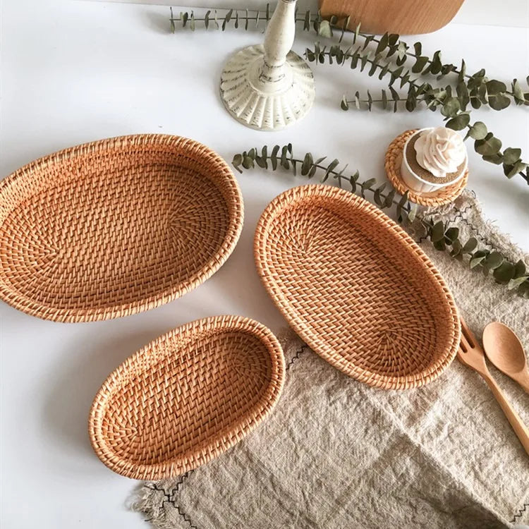 Cesta de mimbre redonda tejida a mano, fruta, merienda de té, pan, bandeja de Picnic, caja de almacenamiento de aperitivos, cesta de suministros de cocina, bandeja de fruta
