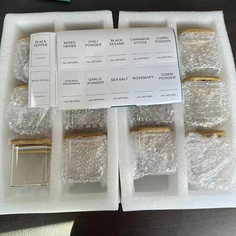 Set de Tarros de Vidrio de 5oz con Etiquetas – Tapas de Bambú y Diseño Cuadrado