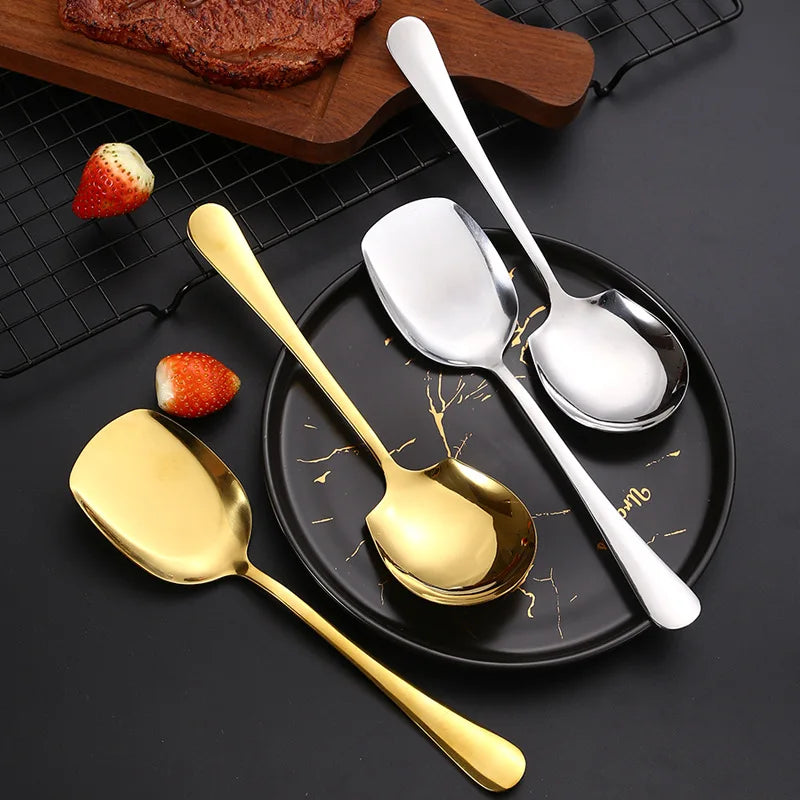 Golden Stainless Steel Food Service Spoon Large Rice Shovel Tableware Long Handle Square Spatula Kitchen Gadgets for Home - 369 view