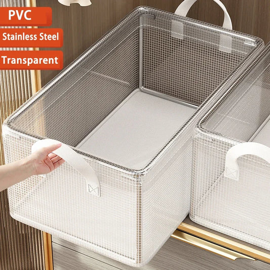 Cesta de Almacenamiento Transparente de PVC con Marco de Acero Inoxidable – Organizador Impermeable para Ropa y Armario