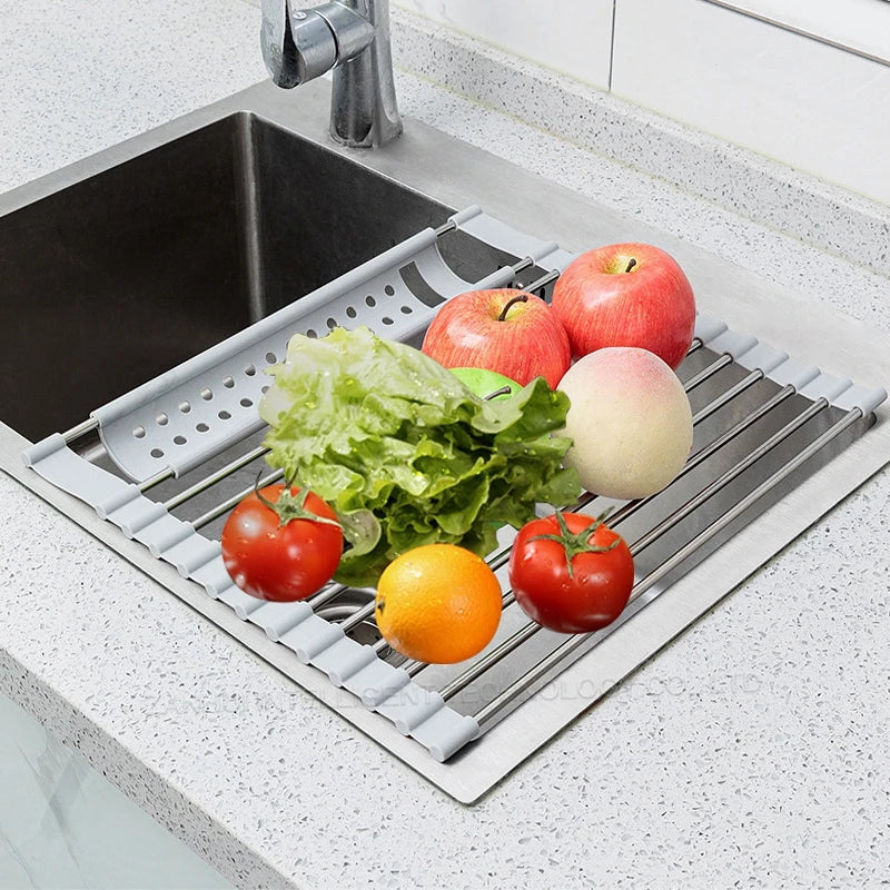 Foldable Stainless Steel Dish Drainer Roll Up Dish Drying Rack Shelf Kitchen Sink Holder Organizer Bowl Tableware Plate Storage