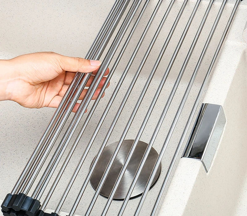 Foldable Stainless Steel Dish Drainer Roll Up Dish Drying Rack Shelf Kitchen Sink Holder Organizer Bowl Tableware Plate Storage